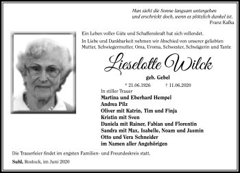 Traueranzeige von Lieselotte Wilck von Südthüringer Presse