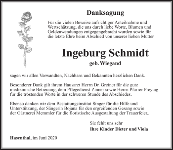 Traueranzeige von Ingeburg Schmidt von Südthüringer Presse