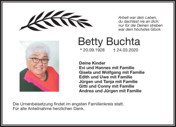 Traueranzeige von Betty Buchta von Frankenpost