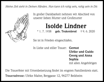 Traueranzeige von Isolde Lindner von Neue Presse Coburg