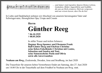 Traueranzeige von Günther Reeg von Südthüringer Presse