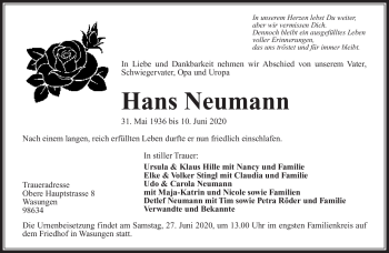 Traueranzeige von Hans Neumann von Südthüringer Presse