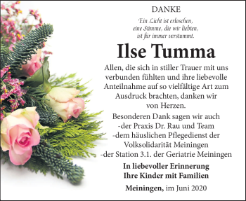 Traueranzeige von Ilse Tumma von Südthüringer Presse