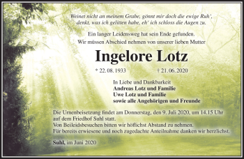 Traueranzeige von Ingelore Lotz von Südthüringer Presse