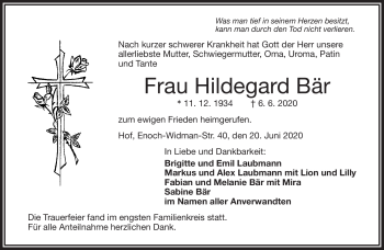 Traueranzeige von Hildegard Bär von Frankenpost