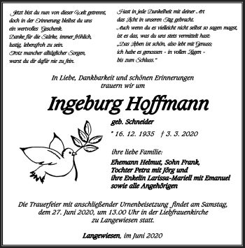 Traueranzeige von Ingeburg Hoffmann von Südthüringer Presse
