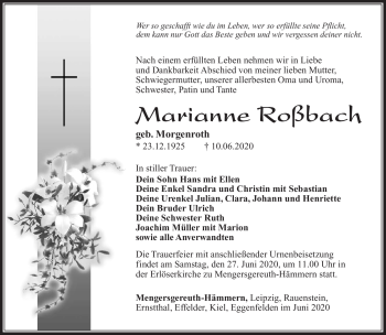 Traueranzeige von Marianne Roßbach von Südthüringer Presse