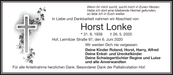 Traueranzeige von Horst Lonke von Frankenpost
