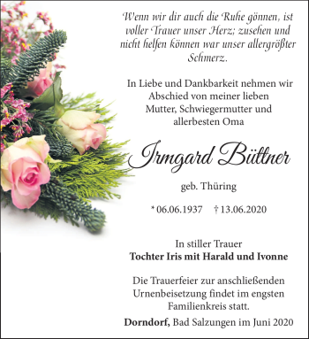 Traueranzeige von Irmgard Büttner von Südthüringer Presse