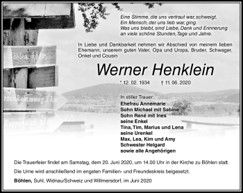 Traueranzeige von Werner Henklein von Südthüringer Presse