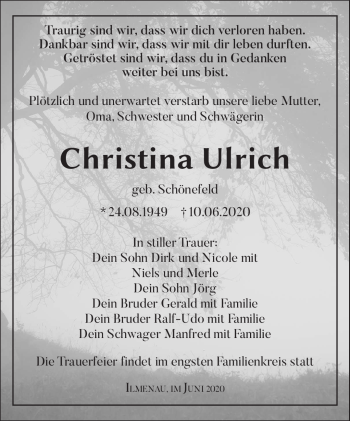 Traueranzeige von Christina Ulrich von Südthüringer Presse