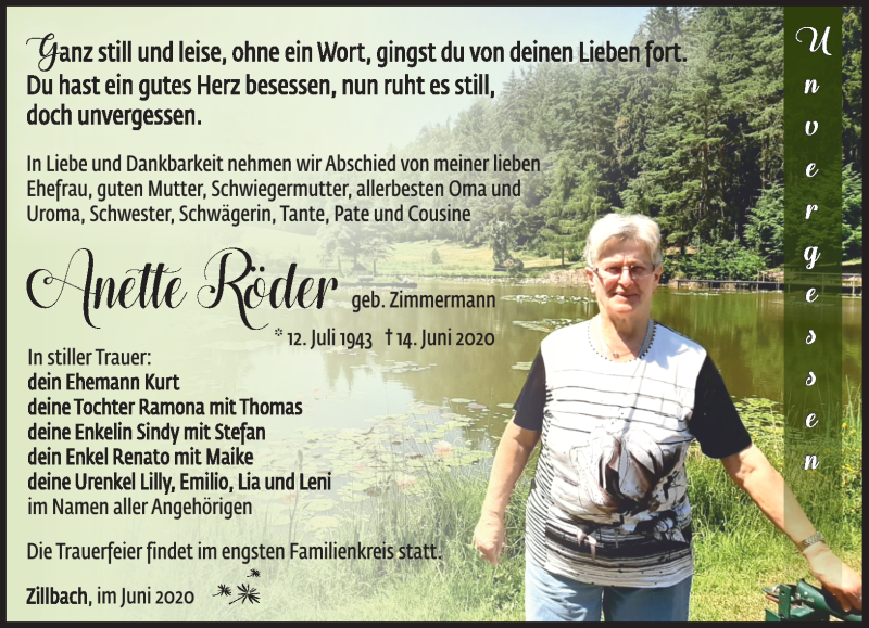  Traueranzeige für Anette Röder vom 20.06.2020 aus Südthüringer Presse