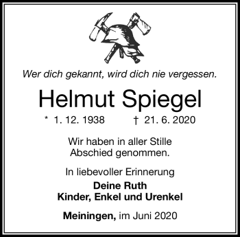 Traueranzeige von Helmut Spiegel von Südthüringer Presse