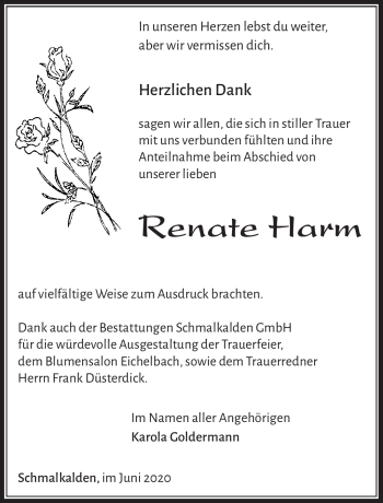 Traueranzeige von Renate Harm von Südthüringer Presse