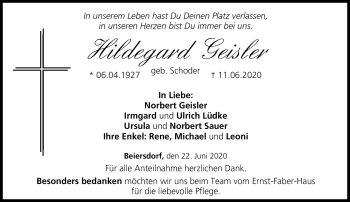 Traueranzeige von Hildegard Geisler von Neue Presse Coburg