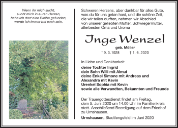 Traueranzeige von Inge Wenzel von Südthüringer Presse