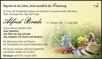 Traueranzeige von Alfred Brade von Südthüringer Presse