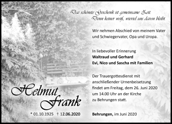 Traueranzeige von Helmut Frank von Südthüringer Presse