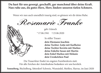 Traueranzeige von Rosemarie Franke von Südthüringer Presse