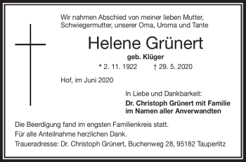 Traueranzeige von Helene Grünert von Frankenpost