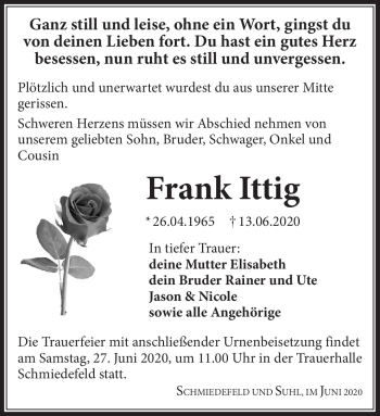 Traueranzeige von Frank Ittig von Südthüringer Presse
