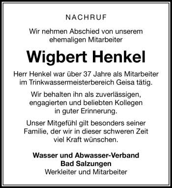 Traueranzeige von Wigbert Henkel von Südthüringer Presse