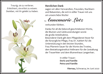Traueranzeige von Annemarie Lutz von Südthüringer Presse