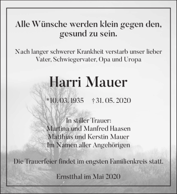 Traueranzeige von Harri Mauer von Südthüringer Presse