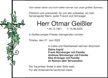 Traueranzeige von Otmar Geißler von Frankenpost