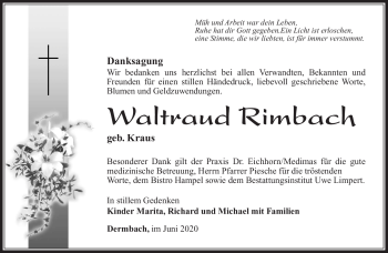 Traueranzeige von Waltraud Rimbach von Südthüringer Presse