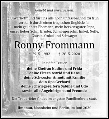 Traueranzeige von Ronny Fromman von Südthüringer Presse