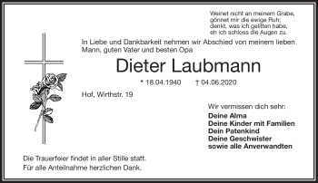 Traueranzeige von Dieter Laubmann von Frankenpost