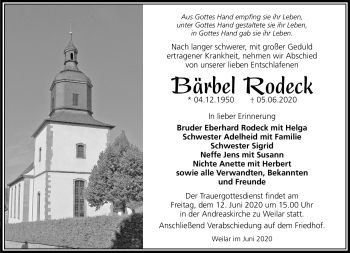 Traueranzeige von Barbara Rodeck von Südthüringer Presse