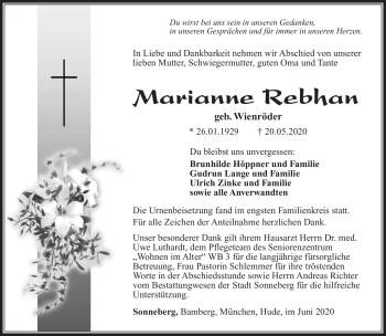 Traueranzeige von Marianne Rebhan von Südthüringer Presse