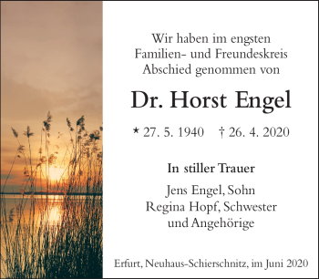 Traueranzeige von Dr. Horst Engel von Südthüringer Presse