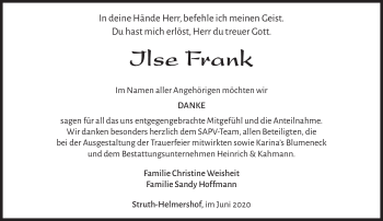 Traueranzeige von Ilse Frank von Südthüringer Presse