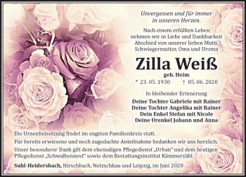 Traueranzeige von Zilla Weiß von Südthüringer Presse