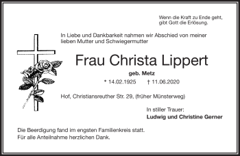 Traueranzeige von Christa Lippert von Frankenpost