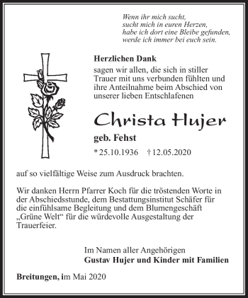 Traueranzeige von Christa Hujer von Südthüringer Presse
