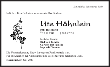 Traueranzeige von Ute Hähnlein von Südthüringer Presse