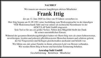 Traueranzeige von Frank Ittig von Südthüringer Presse