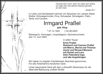 Traueranzeige von Irmgard Praßel von Frankenpost