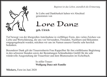 Traueranzeige von Lore Danz von Südthüringer Presse