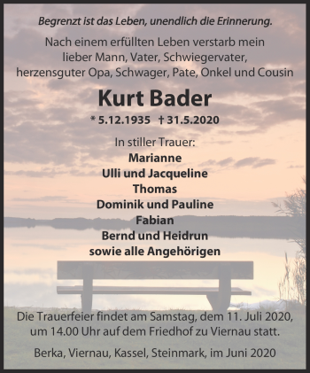 Traueranzeige von Kurt Bader von Südthüringer Presse
