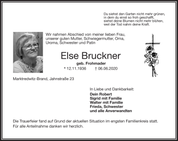 Traueranzeige von Else Bruckner von Frankenpost