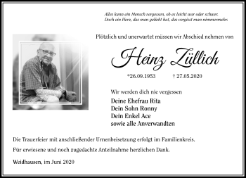 Traueranzeige von Heinz Züllich von Südthüringer Presse
