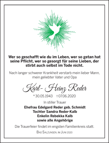Traueranzeige von Karl-Heinz Reder von Südthüringer Presse
