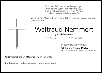 Traueranzeige von Waltraud Nemmert von Neue Presse Coburg