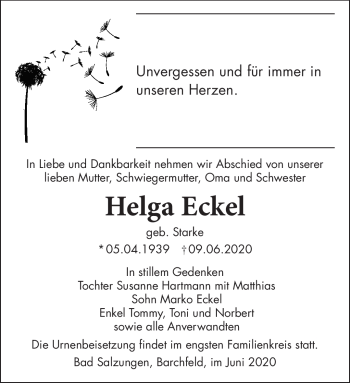 Traueranzeige von Helga Eckel von Südthüringer Presse
