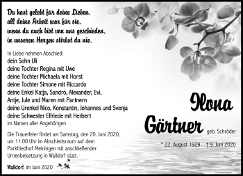 Traueranzeige von Ilona Gärnter von Südthüringer Presse